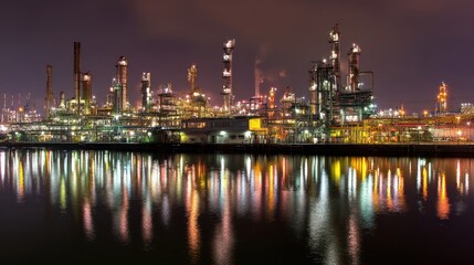 Night Refinery Reflection, Industrial Complex, Water, Cityscape, Energy Production