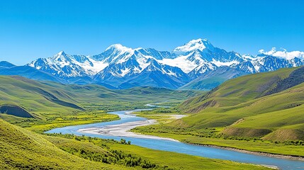 A panoramic view of a snow-capped mountain range, with a winding river flowing through a lush valley, under a clear blue sky, real photo, stock photography