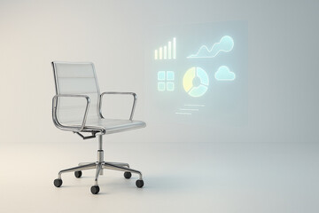 s): A sleek swivel chair positioned beside a glowing holographic display with colorful business analytics icon = Generative AI