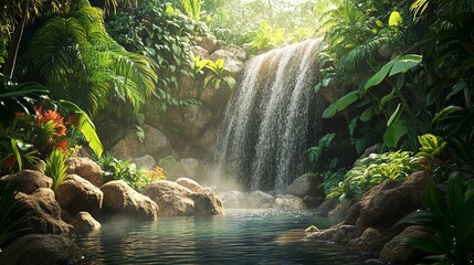 A picturesque jungle waterfall flowing over smooth rocks into a natural pool, lush greenery and tropical plants surrounding the scene, with sunlight dappling through the leaves