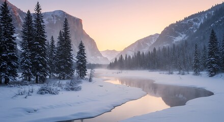 A sunrise in the mountains, with snow-capped peaks and golden light illuminating the valley.