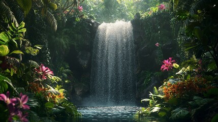 A powerful waterfall plunging into a deep pool, surrounded by lush, tropical foliage and vibrant flowers, real photo, stock photography