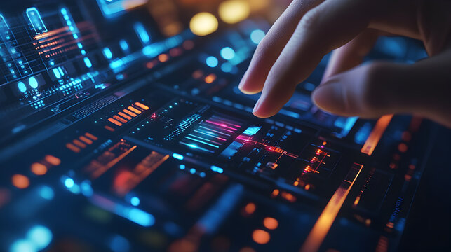 A hand interacting with a digital interface displaying complex data visualizations and glowing elements