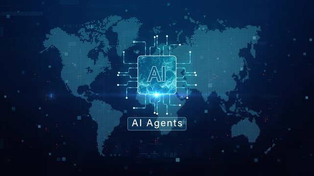 AI agents technology concept with digital world map, network connections, and artificial intelligence data visualization. Technology AI concept