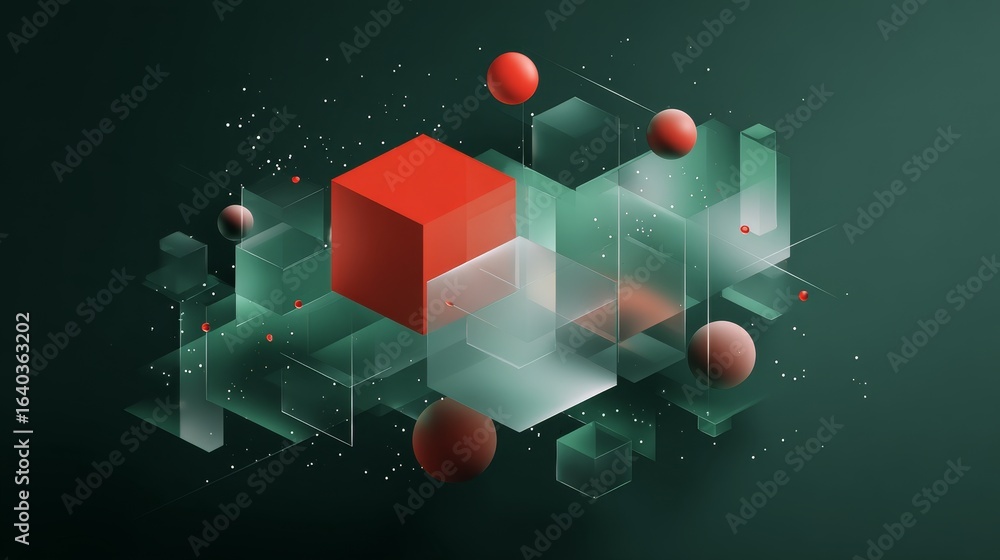 Poster abstract composition of 3d geometric shapes with transparent cubes and red spheres, showcasing moder
