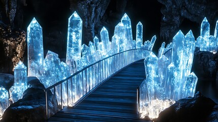 Glowing crystal bridge amidst rocks fantasy scene with blue light