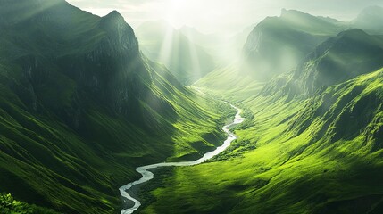 A scenic view of lush green mountains with a winding river flowing through a serene valley, bright sunlight casting soft shadows on the landscape, real photo, stock photography.