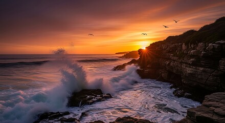 Fototapeta premium A coastal cliff at sunset, with waves crashing on rocks and seagulls flying. The sky is orange and purple.