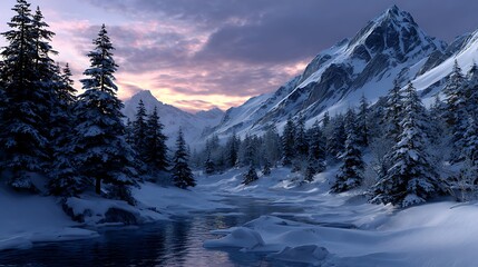 A sunrise in the mountains, with snow-capped peaks and golden light illuminating the valley. 
