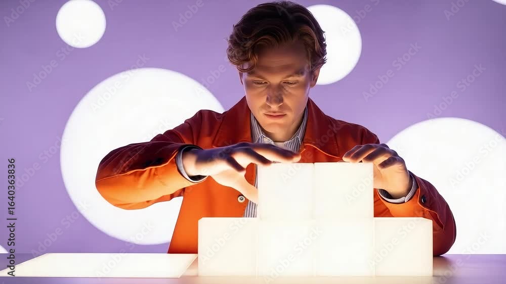 Poster vector art of young man arranging illuminated cubes in a modern setting representing technology and 