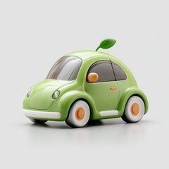 A small, green toy car with a leaf on top, designed for children's play, featuring a cute and colorful appearance.