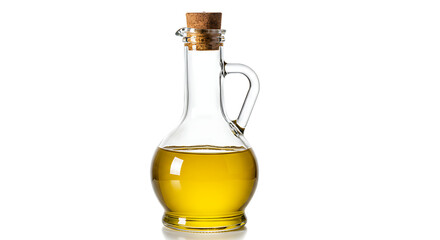 A clear glass bottle filled with a golden-yellow liquid, likely olive oil or a similar cooking oil.