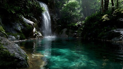 Fototapeta premium A waterfall in a dense forest, with crystal-clear water falling into a moss-surrounded lake. Sunlight filters through the trees. 