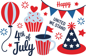 Patriotic elements including balloon, cupcake, and hat celebrate the Fourth of July holiday