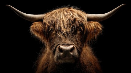 Highland cow portrait, brown fur, long horns, black background, face forward