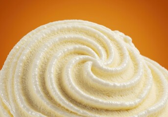 Creamy vanilla ice cream swirl, close-up shot against orange backdrop. Dessert food photography for menus or ads