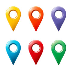 A set of six colorful pins with a red dot in the center