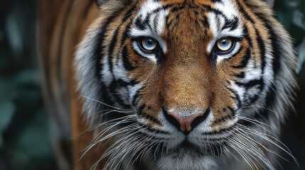 Fototapeta premium Close up of a beautiful Sumatran tiger face with striking blue eyes. Showcase wildlife, conservation, and powerful beauty of nature.