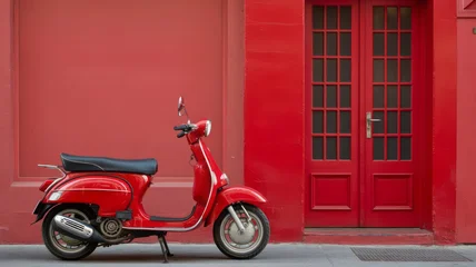 Fotobehang Scooter Red scooter parked on street with red wall and door background, vibrant urban scene  © THESUN