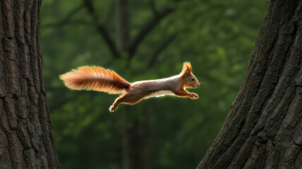Fototapeta premium Squirrel jumping between two tree trunks in forest with blurred green background