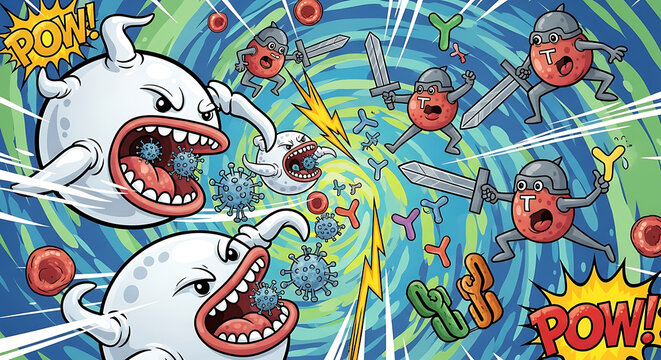 Cartoon depiction of immune cells attacking virus with swords and phagocytosis in comic book style