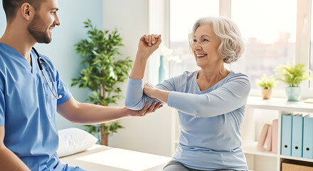 A smiling senior woman receiving elbow examination from a male doctor in a medical office setting