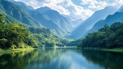 Fototapeta premium Lush green mountains rising above a quiet river in the valley below, the water reflecting the vibrant colors of the surrounding nature, real photo, stock photography.