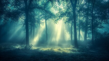 Rays of sunlight streaming through the trees of a misty forest, creating an ethereal and tranquil mood in the early morning. Real photo, stock photography.