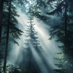 Sunbeams filtering through the fog in a dense, misty forest, casting warm light on the surrounding trees and creating a calm ambiance. Real photo, stock photography.