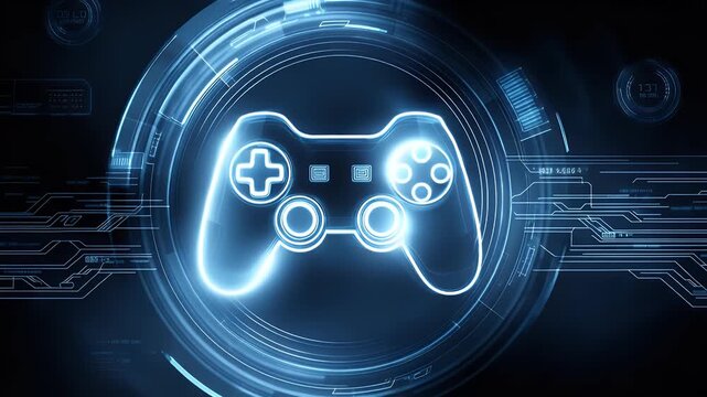 
A glowing game controller icon in the center of an abstract digital background, surrounded by swirling lines and data points representing technology. 