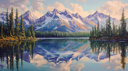 The reflection of jagged, snow-capped mountains in the calm waters of a pristine lake, with vibrant evergreen trees framing the scene