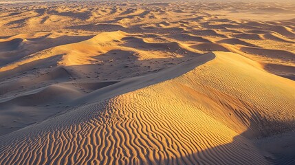 Wide aerial shot of an endless desert, golden sand dunes creating intricate patterns, with shadows stretching across the vast, barren landscape
