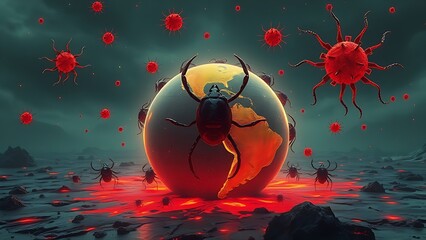 Surreal landscape of giant glowing ticks crawling over a melting earth with radiating red disease vectors.