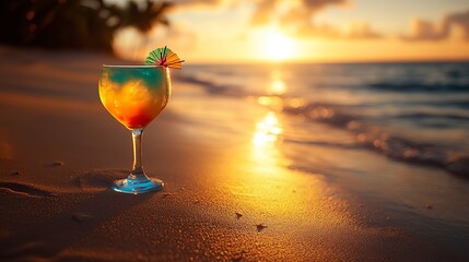 A real photo of a tropical beach at sunset, with a colorful cocktail glass sitting on the sand. The sun's rays reflect off the water, creating a shimmering effect.