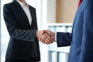 Business professionals shaking hands in a modern office setting