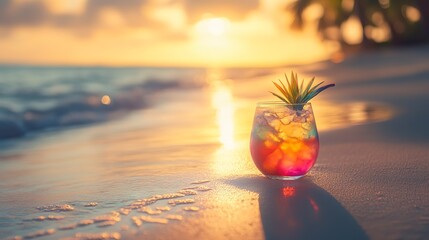 A real photo of a tropical beach at sunset, with a colorful cocktail glass sitting on the sand. The sun's rays reflect off the water, creating a shimmering effect.