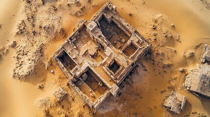 An aerial perspective of a desert landscape with ancient ruins, partially buried by shifting sand dunes, real photo, stock photography