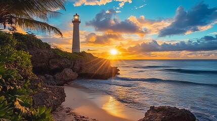 A stock photo of a tropical beach at sunset, with a lighthouse standing tall on a cliff. The lighthouse's light shines brightly, guiding ships safely through the night.