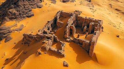 An aerial perspective of a desert landscape with ancient ruins, partially buried by shifting sand dunes, real photo, stock photography