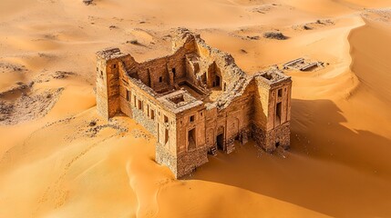 An aerial perspective of a desert landscape with ancient ruins, partially buried by shifting sand dunes, real photo, stock photography