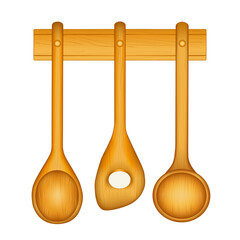 Wood kitchen spoons, small, slotted and wide ladle, hanging on wall rack, for gourmet cooking, salads, all cuisines, isolated on white background, copy space
