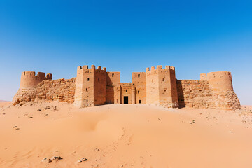 A desert fortress made of sandstone under a bright blue sky.