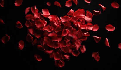 Red rose petals heart shape, dark background, romantic, Valentine's Day card