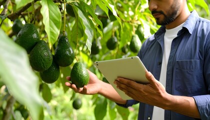 An agricultural researcher or modern farmer uses a digital tablet to inspect and record data on the health of avocados growing