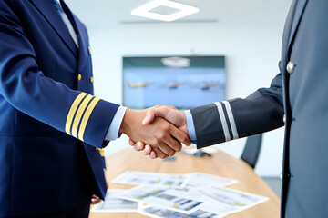 Two airline pilots in uniform shaking hands in agreement
