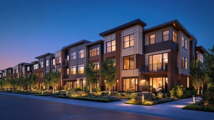 Modern apartment building at dusk