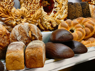 Freshly baked artisan breads displayed in a charming bakery in the heart of the city during the...