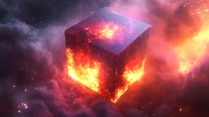 Cube engulfed in flames and smoke against a dark cloudy background.