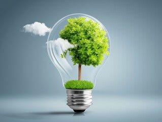 Eco-Consciousness: A single, vibrant tree flourishes within a light bulb, representing the fusion of nature and sustainable energy. Generative ai illustration