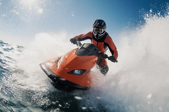 A person on a jet ski rides through the choppy water, creating a powerful splash. This image symbolizes thrill, freedom, and an adrenaline-fueled adventure against the vast, open sea.